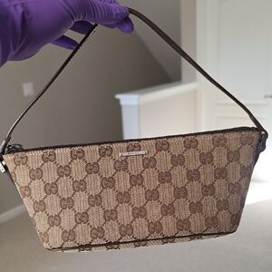 AUTHENTIC Gucci Tan and Brown Monogram Pouch With Strap